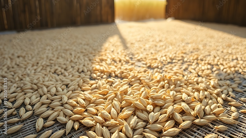 Obraz premium foolishness. Barley grains drying on a mat under soft, natural sunlight. menu design, packaging mockups, designed for culinary blogs and recipe cards for restaurants, used by account managers.