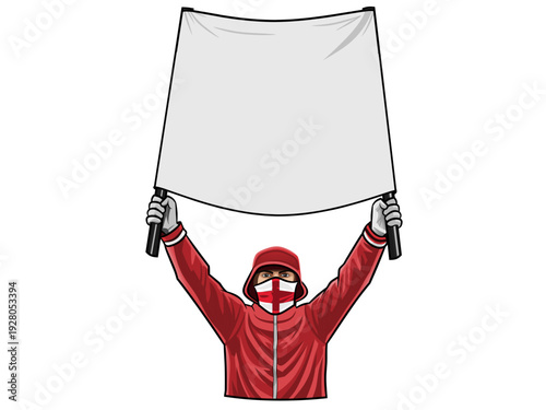 Vector of hooded figure with England flag mask holding blank banner, perfect for protest, fan support, demo, or customizable message design