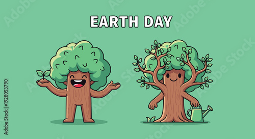 Cartoon Tree Characters Celebrating Earth Day.