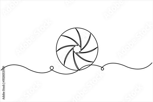 Continuous one line camera lens icon drawing of photography concept, line art lens vector illustration