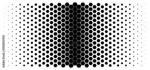 Black seamless hexagonal pattern. Repeating honeycomb texture. Geometric hexagonal halftone background. Retro tech dotted wallpaper. Contrasting minimalism, symmetry, and technological design.