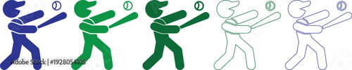 Set of baseball player silhouettes hitting ball with bat in various colors and styles isolated