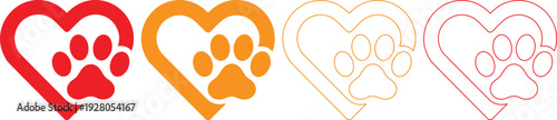 Set of four animal paw print and heart logo icons in different styles and colors
