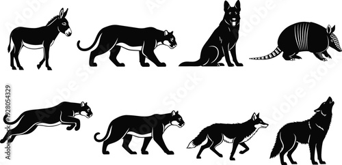 Wild and domestic animal silhouettes vector set with donkey panther dog armadillo fox and wolf figures isolated on white background