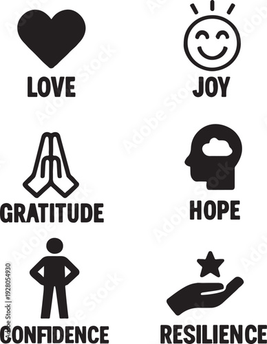 Symbols of Emotion: A collection of simple, yet profound icons representing various positive emotional states, conveying feelings.