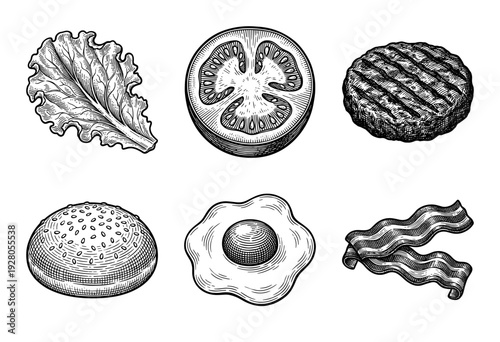 Set of hand drawn vintage engraving style food illustrations featuring burger ingredients including patty bun tomato lettuce egg and bacon