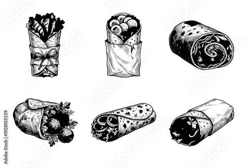 Set of six hand drawn shawarma and burrito sketches featuring various wraps with fresh ingredients in a detailed black and white engraving style.