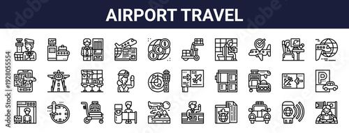 Set of 30 thin line airport travel icons including airplane, boarding pass, captain, locker, entrance, ticket. Outline vector icon collection for web and apps
