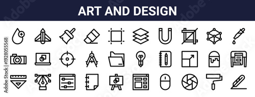 Set of 30 thin line art and design icons including sketchbook, canvas, paint bucket, brush, water drops, rubber, layers. Outline vector illustration for web