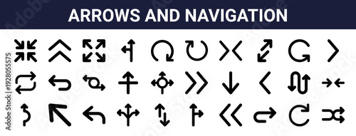 Set of 30 thin line arrow and navigation icons including minimize, expand, up, down, left, right, junction. Vector outline illustration for web and UI design