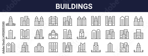 Set of 30 thin line building and architecture icons including museum, hotel, factory, city, town hall, dome, skyscraper. Vector outline illustration