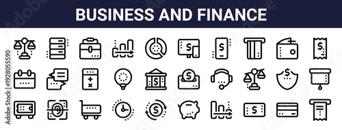 Set of 30 thin line web icons including banking, finance, business, time management, customer service, shopping, and technology. Vector illustration with editable stroke