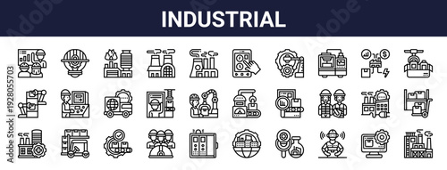 Set of 30 thin line industrial icons including engineer, workers, control panel, nuclear plant, inspection, manufacturing, automation. Vector outline illustration