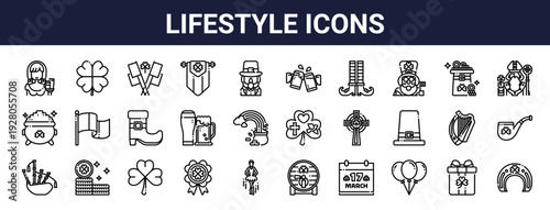 Set of 30 thin line web icons including girl, medal, dance, flag, faith, philharmonic, celebration and lifestyle symbols. Vector outline illustration pack
