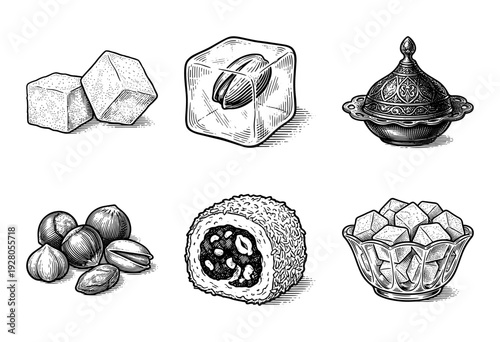 Vintage engraving of Turkish delight sweets and assorted nuts including pistachios and hazelnuts in a traditional bowl and ornate metal server.