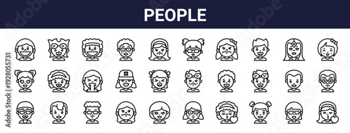 Set of 30 thin line people icons including girl, boy, woman, man, child, baby, avatar faces. Outline vector illustration for web and mobile UI