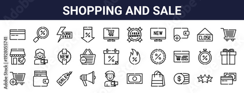 Set of 30 thin line web icons including shopping, sale, discount, payment, debit card, megaphone, cashier, price sticker, stopwatch. Vector outline illustration