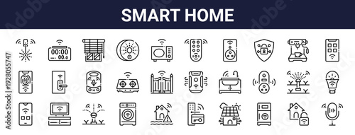 Set of 30 thin line smart home icons including security, kitchen appliances, automation devices. Editable stroke vector illustration for web and app design