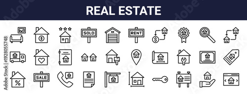 Set of 30 thin line real estate icons including house for sale, sold, interior, blueprint, document, certification. Vector outline illustration for web