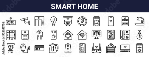 Set of 30 thin line smart home icons including smart bulb, thermostat, security camera, water boiler, humidifier, computer. Outline vector illustration for web and app design