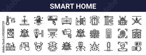 Set of 30 thin line smart home icons including temperature, air conditioner, water control, solar house, fingerprint scan, security. Vector illustration