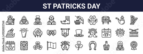 Set of 30 thin line St Patricks Day icons including shamrock, leprechaun, clover, rainbow, beer, ireland, pot of gold. Editable stroke vector illustration