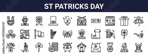 Set of 30 thin line St Patricks Day icons including horseshoe, coins, gold pot, clover, hat, boot. Editable stroke vector illustration for Irish holiday design