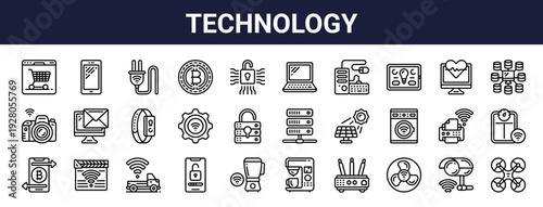 Set of 30 thin line web icons including technology, security, smart home, cryptocurrency, kitchen appliances. Outline vector illustration with editable stroke