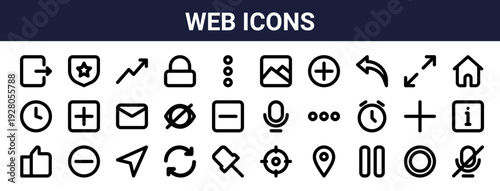 Set of 30 thin line web icons including navigation, location, lock, refresh, plus, minus, mail, microphone. Outline vector stroke style for UI design