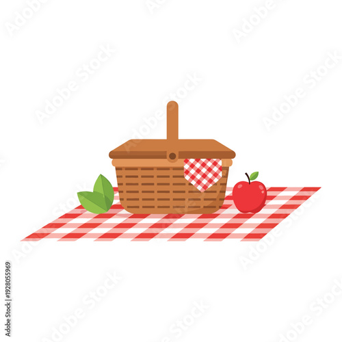 Picnic Basket with Red Apple and Blanket.