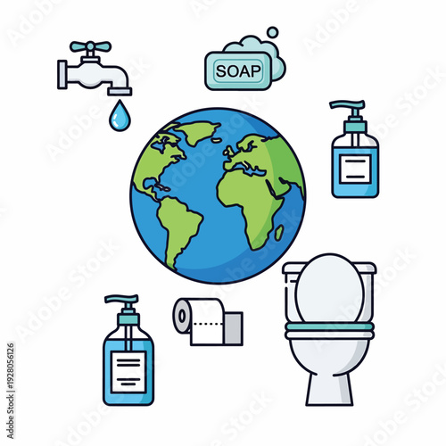 Earth with hygiene products around it.