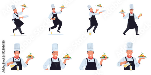 Waiter serving food and drinks in various poses