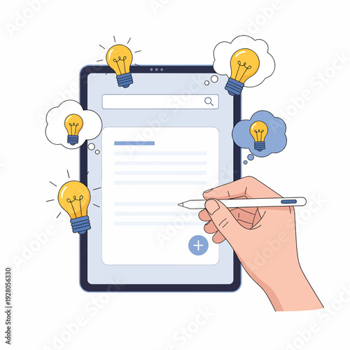 Hand holding stylus on tablet.