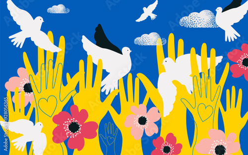 Social workers, volunteers, men and women reach out to the birds of the world. Unity, cohesion of a multinational society. Vector.