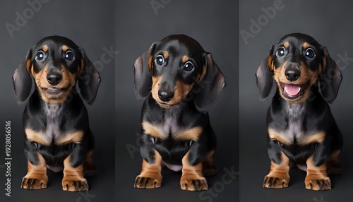 Three multiple exposures of a funny dachshund puppy: cheerful and kind emotions.