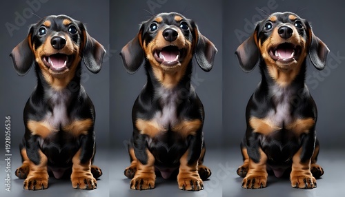 Three multiple exposures of a funny dachshund puppy: cheerful and kind emotions.