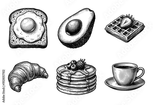 Breakfast food collection featuring hand drawn engravings of avocado toast with fried egg, waffle, croissant, pancakes with berries, and coffee cup.
