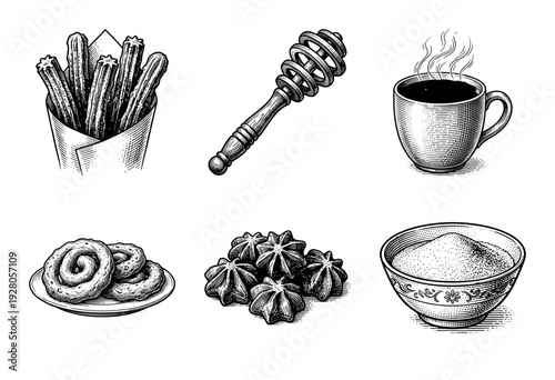 Vintage engraving style collection of bakery treats and breakfast items featuring churros, coffee, honey dipper, and sugar bowl on a white background.