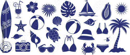Summer vacation beach silhouette set with surfboard, sailboat, palm tree, turtle, camera, and bikini, cad drawing flat vector illustration, isolated.