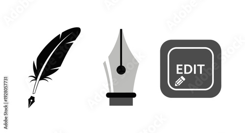 Writing and Editing Tools Icons, Featuring Feather Pen, Fountain Pen, and Edit Button on Isolated White Background