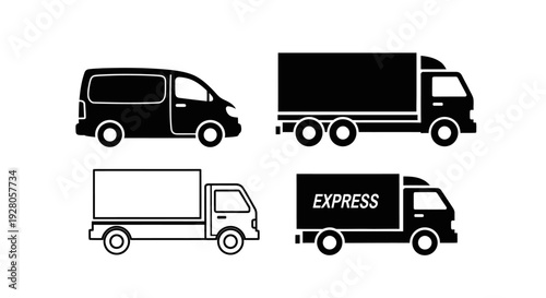 Set of Delivery and Transportation Vehicles Icons, Including Van, Truck, and Express Delivery Truck on Isolated White Background