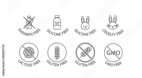 Set of "Free From" Product Labels, Including Paraben, Silicone, Cruelty, Lactose, Gluten, and GMO Free on Isolated White Background