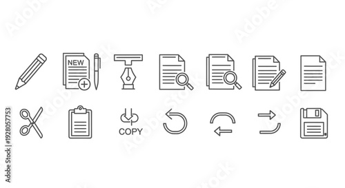Document and File Management Line Icons Set, Including Edit, Search, Save, and Copy on Isolated White Background
