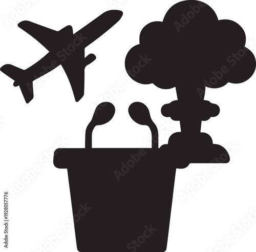 A black silhouette of a podium with two microphones, an airplane, and a cloud or explosion shape on a transparent checkered background.