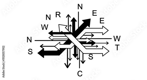 Compass Rose with North, South, East, West Directions and Arrows on Isolated White Background