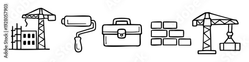 Hand-drawn construction and repair icons featuring tower cranes, a paint roller, toolbox, and bricks. Minimalist black outline doodle style.