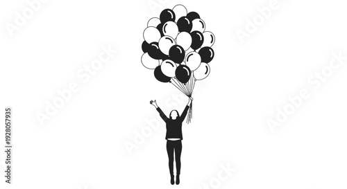 Happy Person Holding Many Balloons, Celebration, Joy, Happiness, Festive Event, Black Silhouette, Isolated White Background