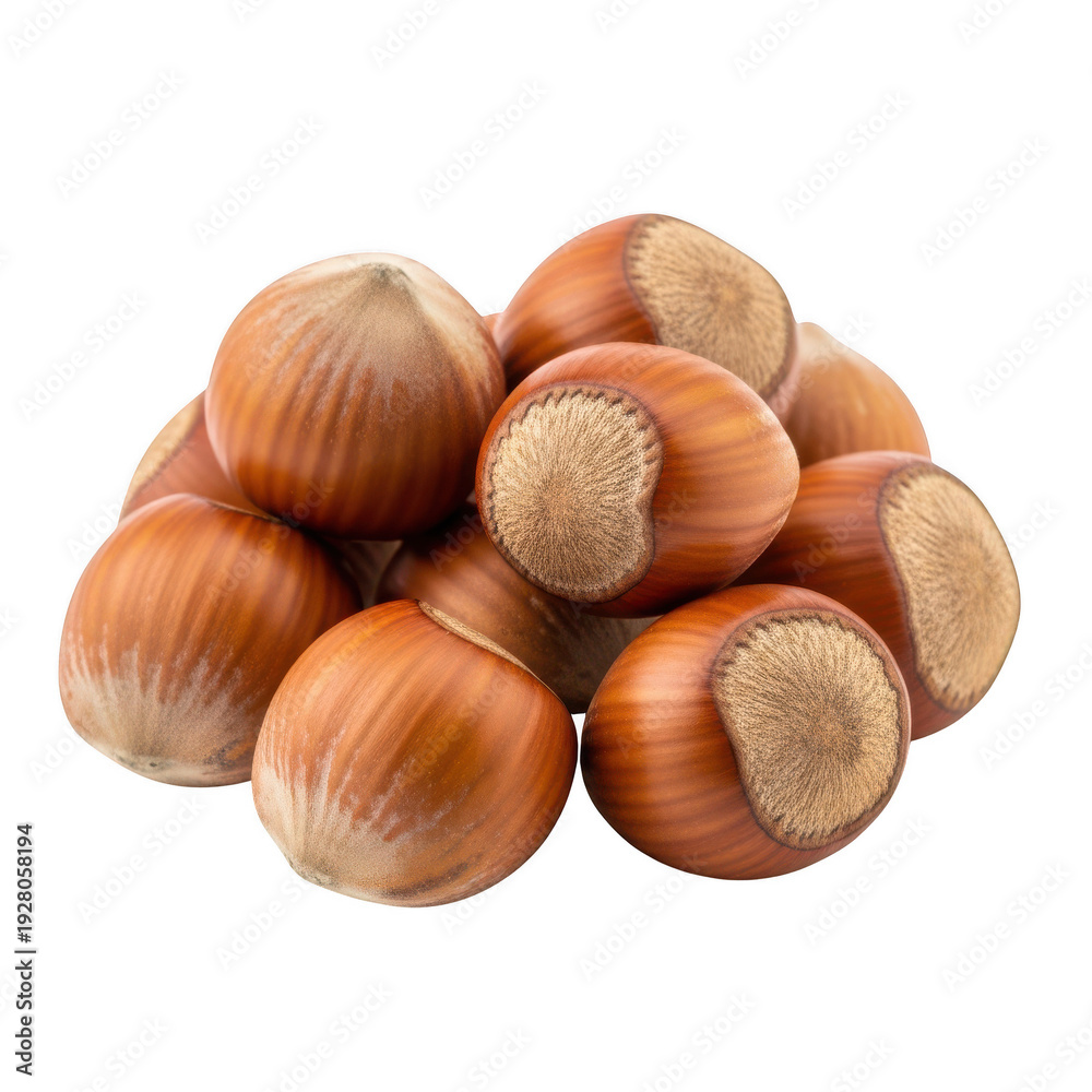 Fototapeta premium A small pile of brown hazelnuts with textured shells showcasing natural details on transparent background