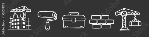 Set of white doodle construction and renovation icons on dark background featuring cranes, toolbox, brick wall, and paint roller.