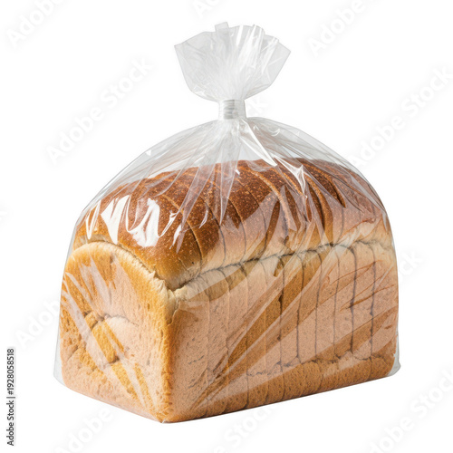Sliced loaf of bread in a clear plastic bag showcasing freshness and texture on transparent background